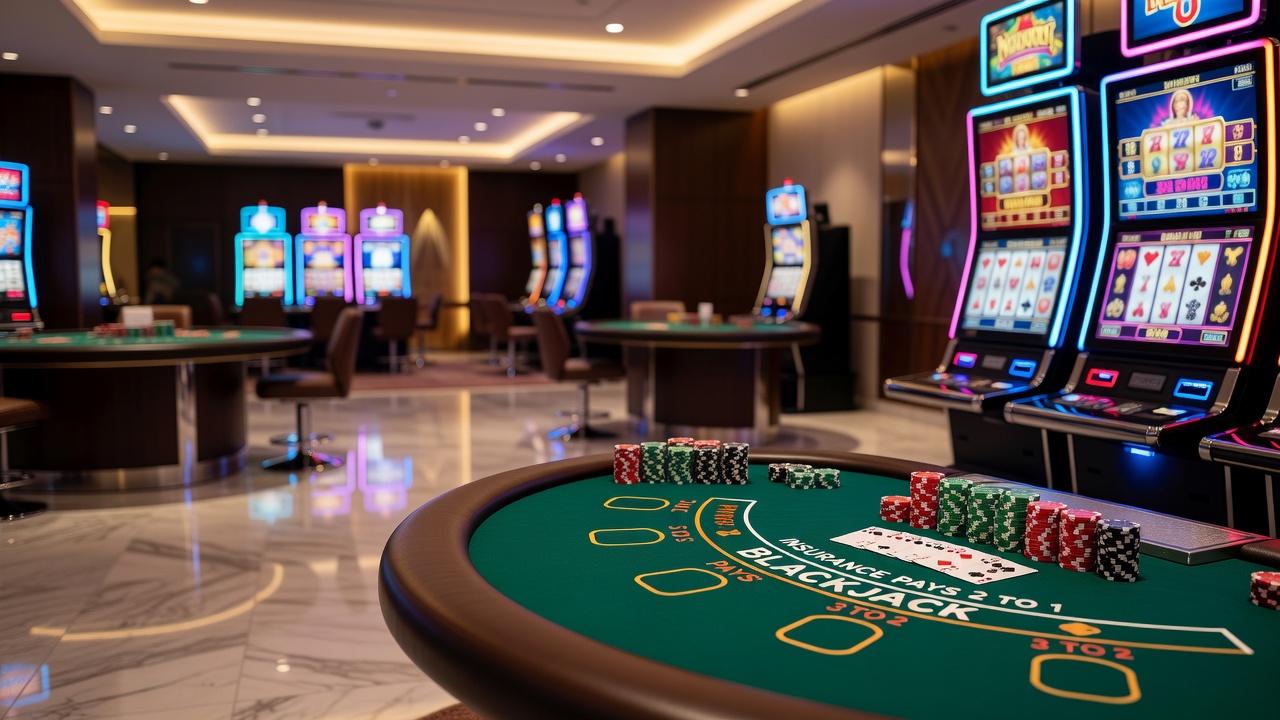 Verschiedene Casinospiele auf einem grünen Spieltisch mit Karten und Chips