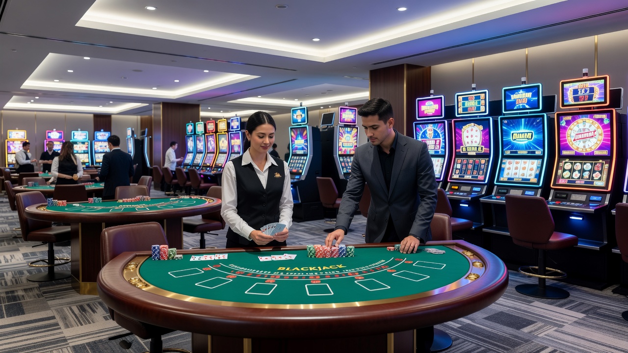 Moderne Slot-Maschinen mit bunten Displays und animierten Symbolen in einer Casino-Halle