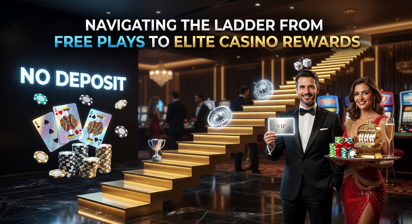 Ein Spieler steigt eine Leiter hoch, symbolisiert durch Casino-Chips und Belohnungen, vom Einstieg bis zum High-Roller-Status
