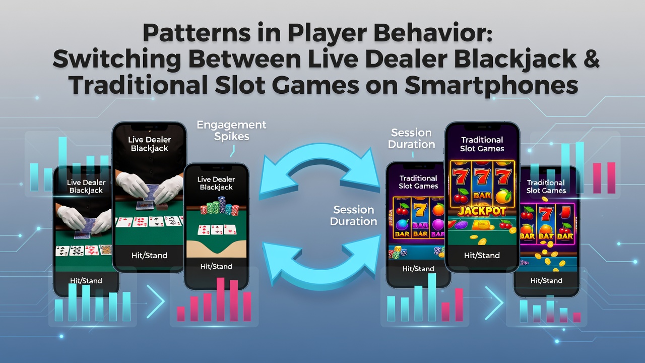 Smartphone mit Live-Dealer-Blackjack und Slot-Spiel-Apps nebeneinander auf einem Tisch