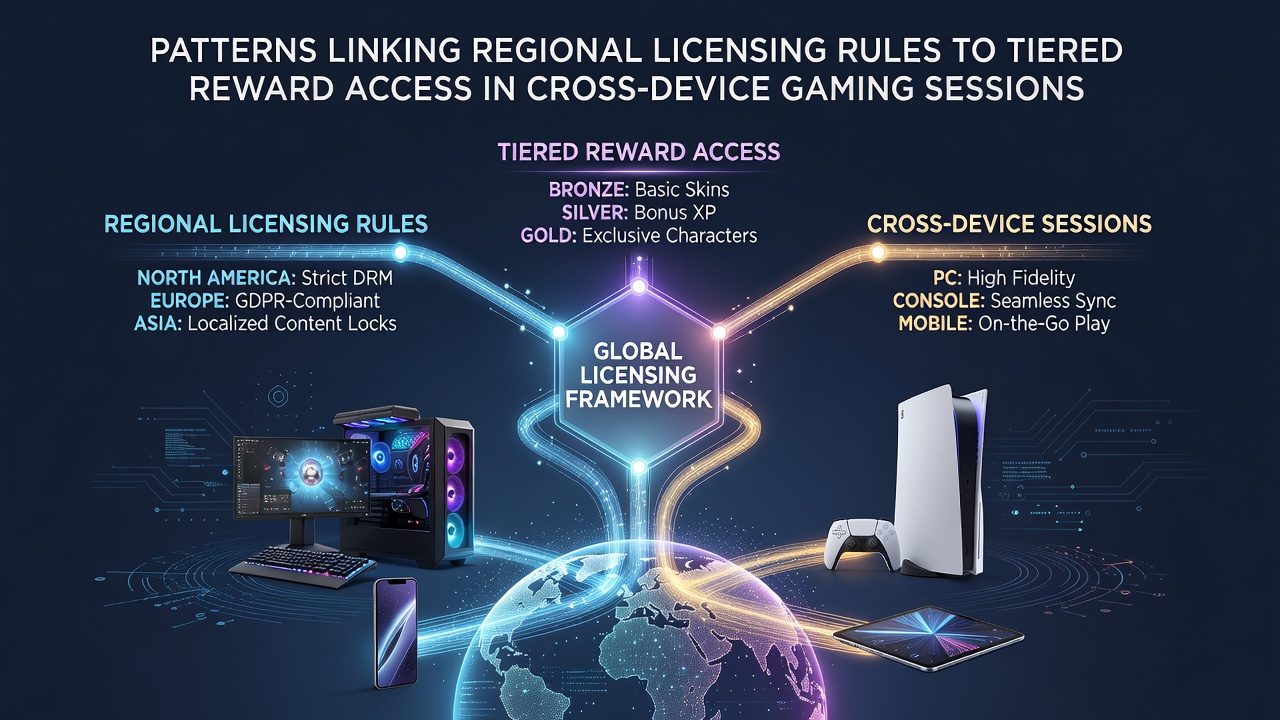 Grafische Darstellung regionaler Lizenzregeln und deren Verknüpfung mit gestaffelten Belohnungssystemen in Cross-Device-Gaming-Sessions